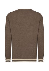 Maglione a maglia marrone con un motivo testurizzato, scollatura rotonda e polsini a strisce a contrasto in crema e marrone chiaro. Design semplice, da indossare sopra.