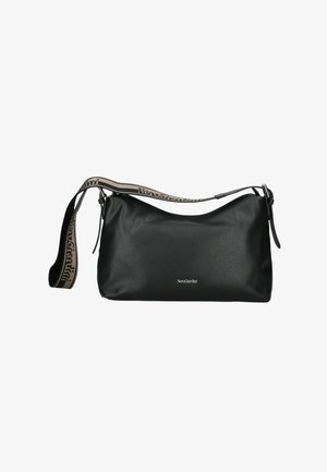 Sac à épaule en cuir noir texturé avec une large bandoulière beige et noire portant le nom de la marque NeroGiardini en lettres noires.