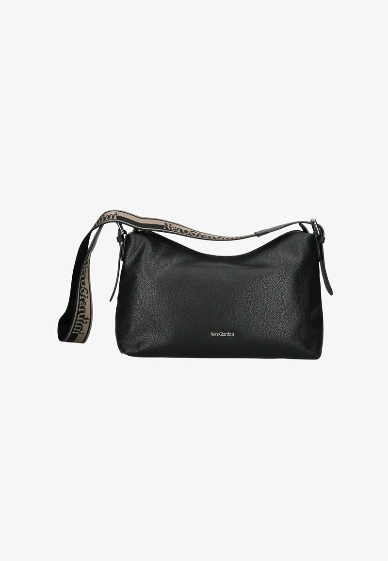 Black textured leather shoulder bag with wide beige and black strap featuring brand name NeroGiardini in black lettering.