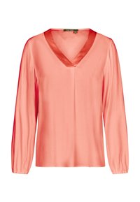 Koralt satinbluse med V-udskæring, lange ærmer og elastiske manchetter. Glat tekstur med en let følelse, designet til en løs pasform.