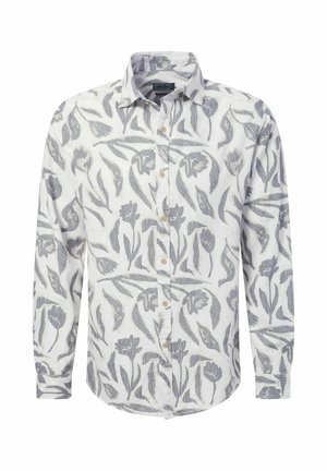 Camicia bianca a maniche lunghe con bottoni, decorata con un motivo floreale grigio e colletto standard.