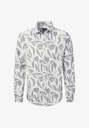 Camicia bianca a maniche lunghe con bottoni, decorata con un motivo floreale grigio e colletto standard.