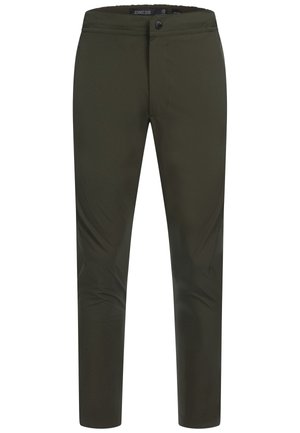 Olive green pants made of lightweight material, featuring a zip-fly, front pockets, and a slim fit design with a smooth texture.