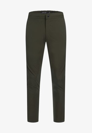 Olive green pants made of lightweight material, featuring a zip-fly, front pockets, and a slim fit design with a smooth texture.