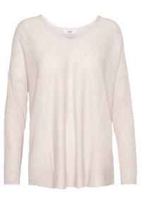 Jasnobeżowy sweter dzianinowy z dekoltem w serek, długimi rękawami, luźnym krojem i fakturowanym wzorem materiału. Brak widocznych elementów metalowych ani dodatków.