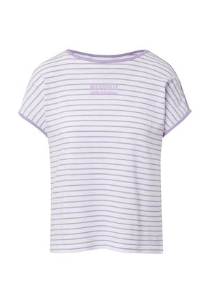 T-shirt a maniche corte a righe in bianco e lavanda, con collo tondo e testo ricamato "MARSEILLE" sul davanti. Materiale in cotone morbido.