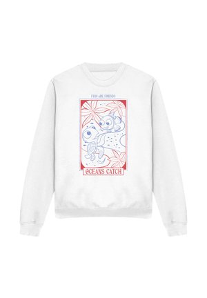 White sweatshirt with cartoon sea turtle and fish, red and blue floral design, and text saying "Fish are friends" and "Oceans catch."