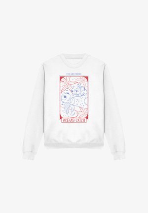 White sweatshirt with cartoon sea turtle and fish, red and blue floral design, and text saying "Fish are friends" and "Oceans catch."