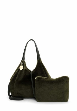Olive green felt handbag set with black leather straps. Features a large tote with a distinctive triangular shape and a smaller zippered pouch.