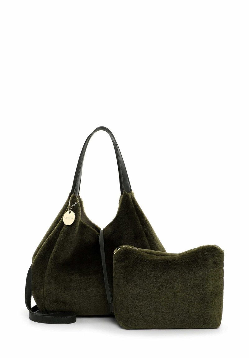 Ensemble de sacs à main en feutre vert olive avec des anses en cuir noir. Comprend un grand tote au design triangulaire distinctif et une petite pochette zippée.