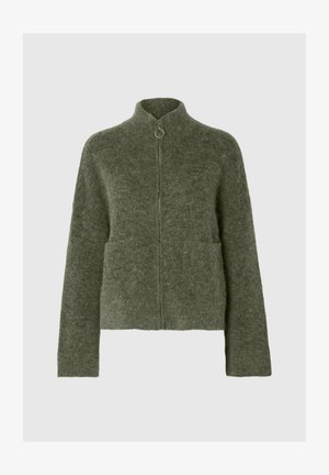 Green zip-up sweater with a high collar, made of fuzzy material. Features two front pockets and a straight, cropped design.