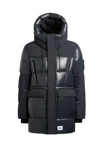 Fekete puff jacket magas nyakkal, fényes felülettel, több cipzáras zsebbel, állítható húzózsinórral és puha, texturált anyaggal.