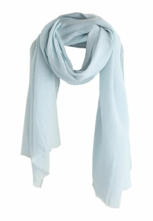 Lyseblåt tørklæde lavet af letvægtsstof, har en struktureret kant og et blødt, flydende design, som er ideelt til lagdeling.