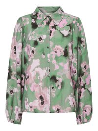 Groene button-up blouse met een bloemenprint in roze en zwart, met lange mouwen en een klassieke kraag. Zachte stof met een gladde textuur.