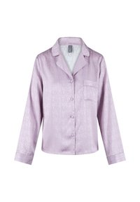 Lavenderfarbener Satin-Pyjamaoberteil mit Kragen, langen Ärmeln, einer Brusttasche und strukturiertem Logo-Design. Fünf Knöpfe auf der Vorderseite.