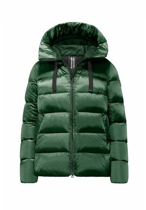 Giubbotto imbottito verde con cappuccio, caratterizzato da una texture lucida e trapuntata. La cerniera nera e i cordini evidenziano il design.