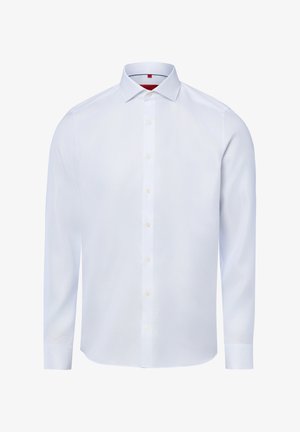 White long-sleeve dress shirt with pointed collar and button-up front, featuring a subtle textured pattern and red inner collar detail.