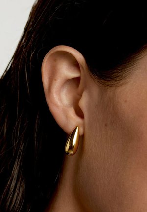 Primo piano dell'orecchio di una persona con capelli scuri che indossa un orecchino d'oro lucido a forma di goccia.