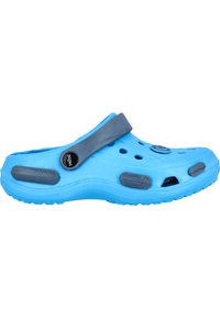 Blå letvægtsklump med en grå rem og ventilationshuller, med en sort knapdetalje og strukturerede sidegreb.