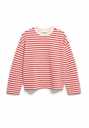 Pull à col rond à manches longues avec des rayures horizontales rouges et blanches et un col beige, présenté sur un fond blanc.