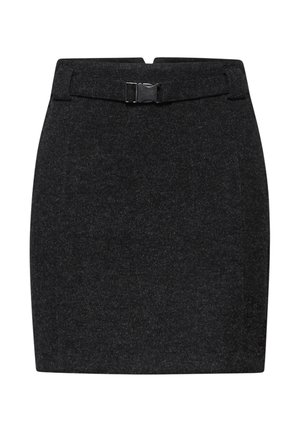 Jupe en mélange de laine noire avec une coupe ajustée, dotée d'une ceinture et d'un détail à boucle à la taille, et d'une surface lisse et texturée.