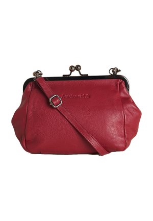 Red leather crossbody bag with adjustable strap, metal frame, and clasp closure, embossed with faint brand name on front center.