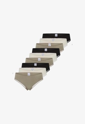 Ensemble de sept culottes pour femmes en beige, noir et blanc. Matière en coton avec bordure en dentelle le long de la ceinture. Coupe classique.
