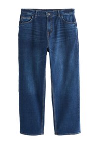 Jean denim bleu foncé à coupe droite avec bouton avant, fermeture éclair et design cinq poches.