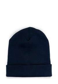 Tumesinist värvi soonikmüts, pehme tekstuuriga, keha järgi vormitud disain, alt keeratud äärega. Lihtne, sile kangas ilma mustrite või kaunistusteta.