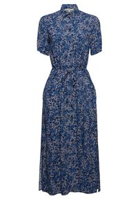 Robe à imprimé floral bleu avec manches courtes, col à revers, fermeture boutonnée sur le devant et détail de taille nouée. Tissu léger avec une coupe fluide.