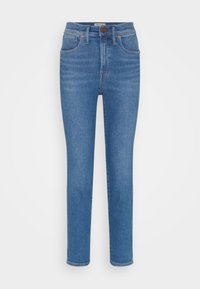 Modré denimové džíny s rovný střih, designem s pěti kapsami, zapínáním na knoflík a jemným vyblednutím. Hladká textura s oranžovými švy.