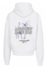 Weißer Hoodie mit Schmetterlingsgrafik und stilisiertem Text auf der Rückseite. Verfügt über gerippte Säume und Bündchen, eine glatte Stoffoberfläche und eine lässige Passform.