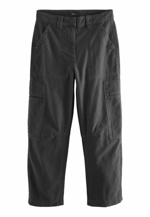 Black cargo pants with front pockets, side flap pockets, belt loops, and straight legs, displayed on a white background.