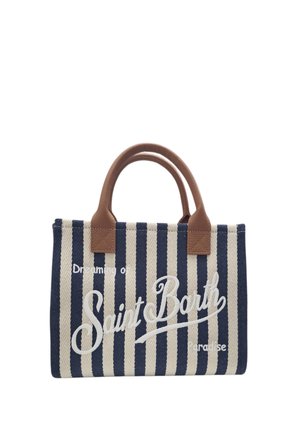Borsa a spalla a righe blu navy e bianco con manici marroni e la scritta "Dreaming of Saint Barth Paradise" ricamata sul davanti.