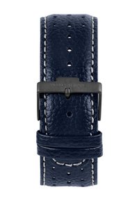 Cinturino in pelle blu scuro con finitura texturizzata, cuciture bianche e fibbia in metallo. Presenta più fori di regolazione per la personalizzazione della misura.