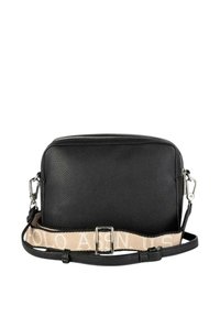 Czarna skórzana torba na ramię z teksturowanym wykończeniem, srebrnymi elementami, zamkiem błyskawicznym i beżowym paskiem z napisem "POLO ASSN."