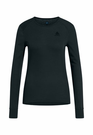 Long-sleeve black shirt made of soft fabric, featuring a round neckline and subtle logo on the chest. Smooth texture with fitted design.