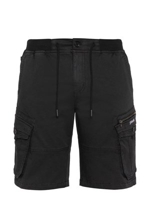 Schwarze Cargoshorts mit elastischem Bund, Kordelzug, Knopfverschluss und mehreren Klappentaschen, darunter eine mit Reißverschluss am rechten Bein.
