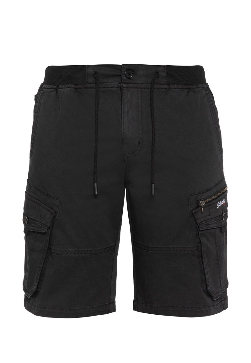Short cargo noir avec taille élastique, cordon de serrage, fermeture par bouton et plusieurs poches à rabat, dont une avec fermeture éclair sur la jambe droite.