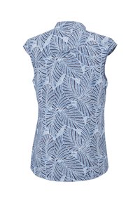 Blusa a maniche corte di colore azzurro chiaro con un motivo a foglie. Presenta un colletto alto e un tessuto testurizzato con una finitura liscia.