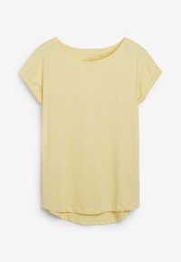 Camiseta amarilla de manga corta, hecha de una tela suave, con un escote redondo y un dobladillo ligeramente curvado en la parte inferior.
