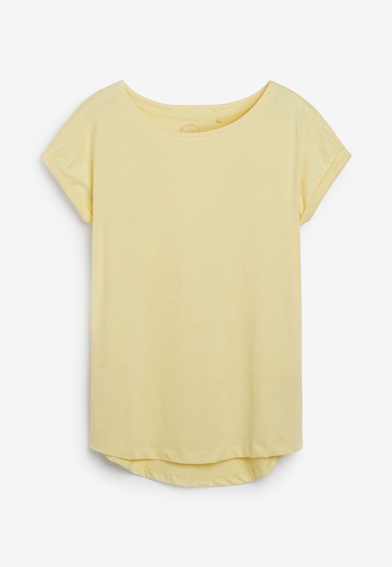 Camiseta amarilla de manga corta, hecha de una tela suave, con un escote redondo y un dobladillo ligeramente curvado en la parte inferior.