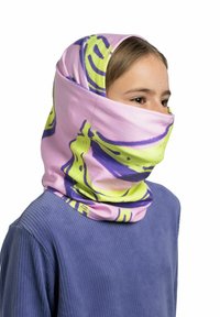 Multicolor neck tube made of soft fabric, featuring a pink base with yellow and purple abstract patterns. Worn snugly around the face.