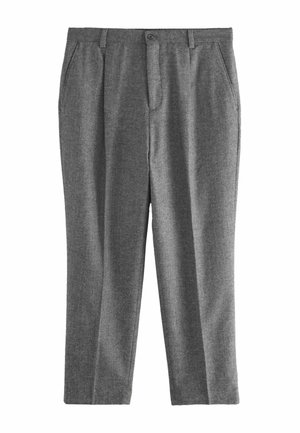 Gray trousers made of textured fabric, featuring a straight-leg design, two front pockets, and a single button closure.