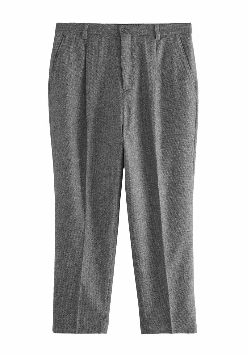 Gray trousers made of textured fabric, featuring a straight-leg design, two front pockets, and a single button closure.