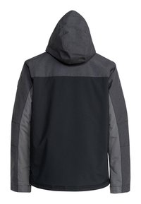 Schwarze und dunkelgraue Kapuzenjacke mit glatter Textur, featuring ein nahtloses Design und kontrastierende Paneeldetails an den Ärmeln und Schultern.