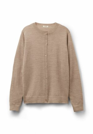 Cárdigan beige de material suave, con un escote redondo, cierre de botones en la parte delantera y puños y dobladillo acanalados.