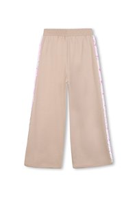 Beige wijde broek met een elastische taille en kleurrijke pailletten langs de zijkanten. De stof ziet er zacht en casual uit.