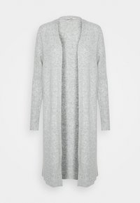 Cardigan lungo grigio chiaro con texture a coste, apertura frontale e maniche lunghe. Realizzato in morbido materiale a maglia, ideale per creazioni a strati.