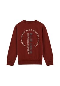 Bordeaux sweatshirt med sänkta axlar. Har stor vit och grå text på baksidan, inklusive "BLUE RIDGE" och inspirerande fraser.